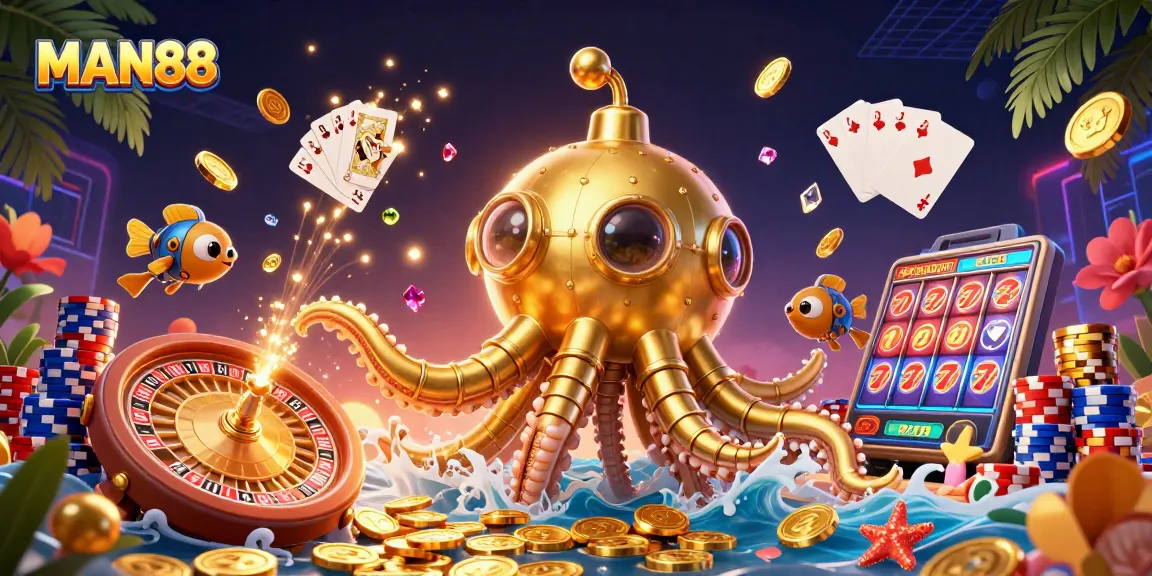 Experience immersive gambling with MAN88's vibrant 3D illustration featuring exciting casino elements.
