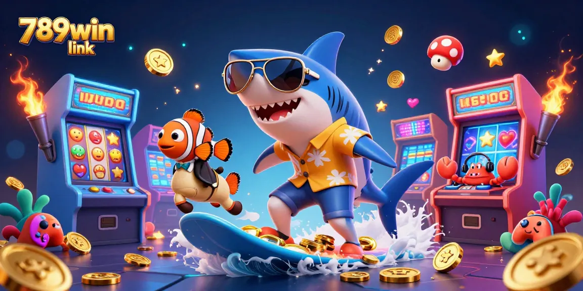 Engage with 789win link in this vibrant 3D casino scene depicting a shark surfing gold coins.