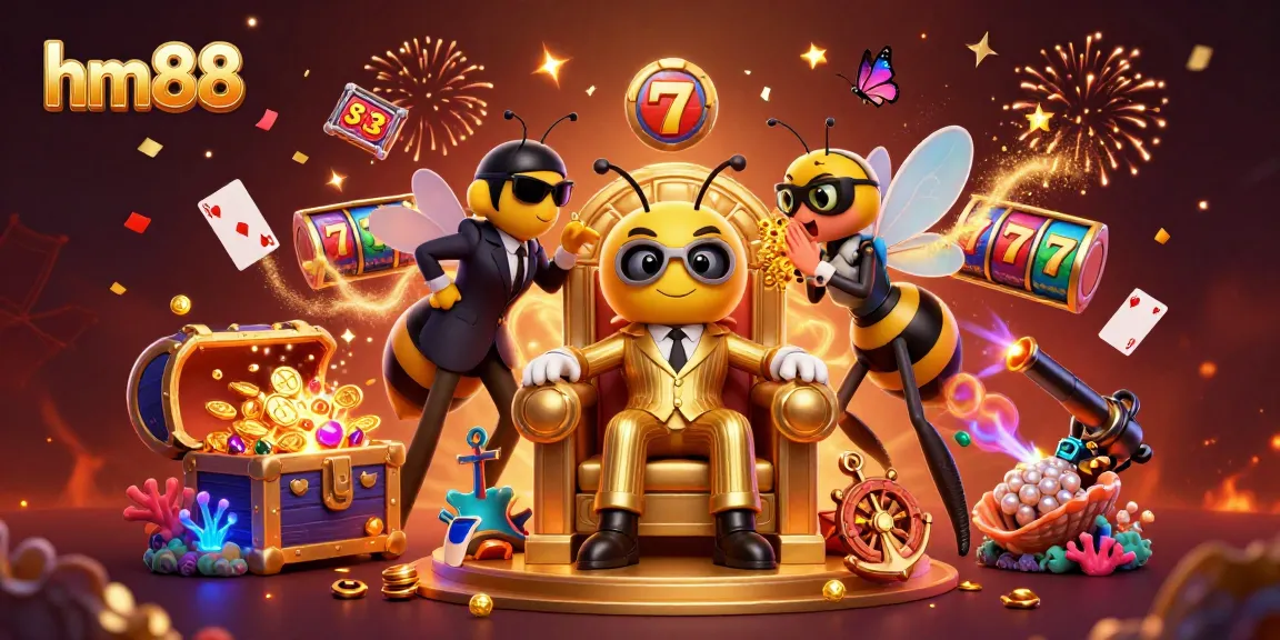 Join the fun at hm88 with a vibrant 3D scene of gaming excitement and whimsical characters.