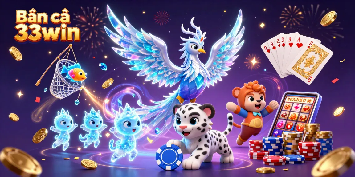 Engage with Bắn cá 33win through a vibrant 3D illustration featuring dynamic casino elements and characters.