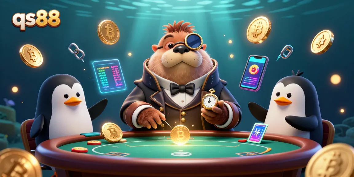 Experience immersive gaming at qs88 with a cartoon walrus and vibrant casino elements.