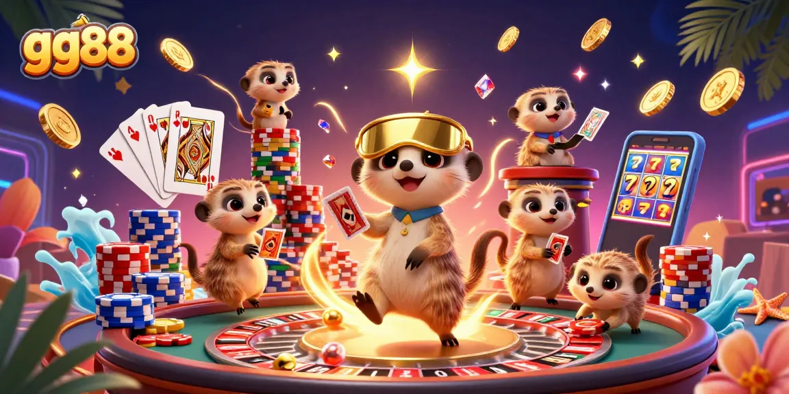 Experience the thrill of gg88 with meerkats creatively gaming in an elaborate casino scene.