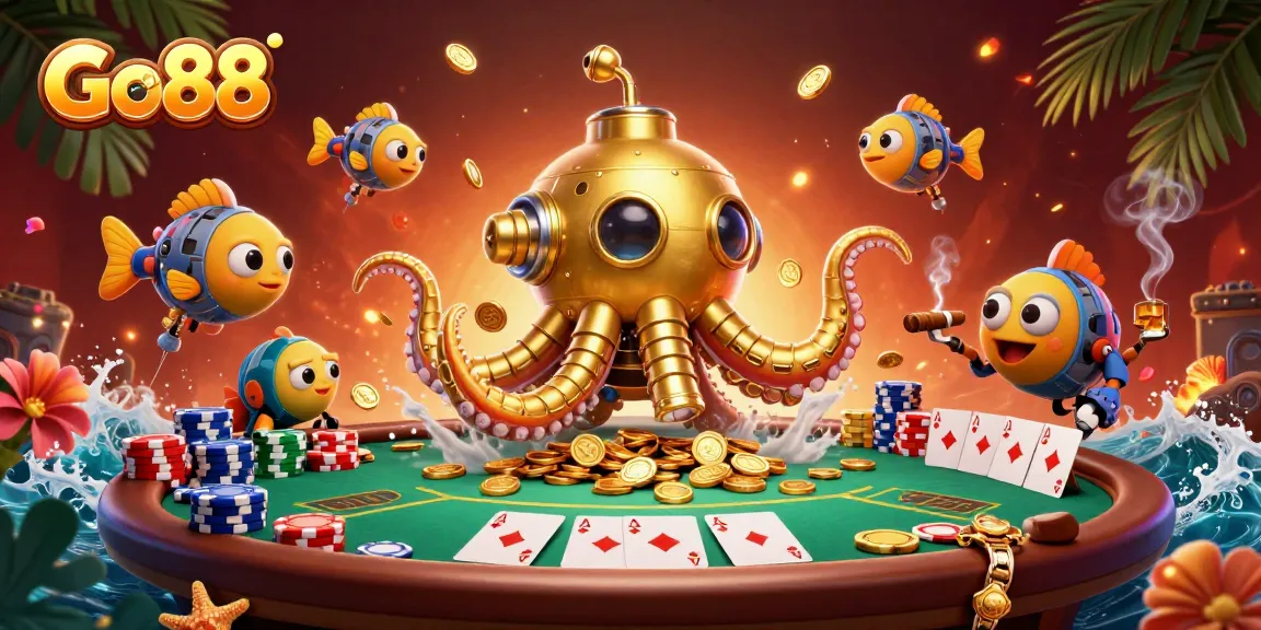 Players enjoy gaming action at Go88, featuring interactive poker scenes and golden submarine treasures.